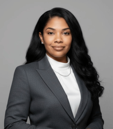 Professional woman with long hair in a gray blazer and white turtleneck.