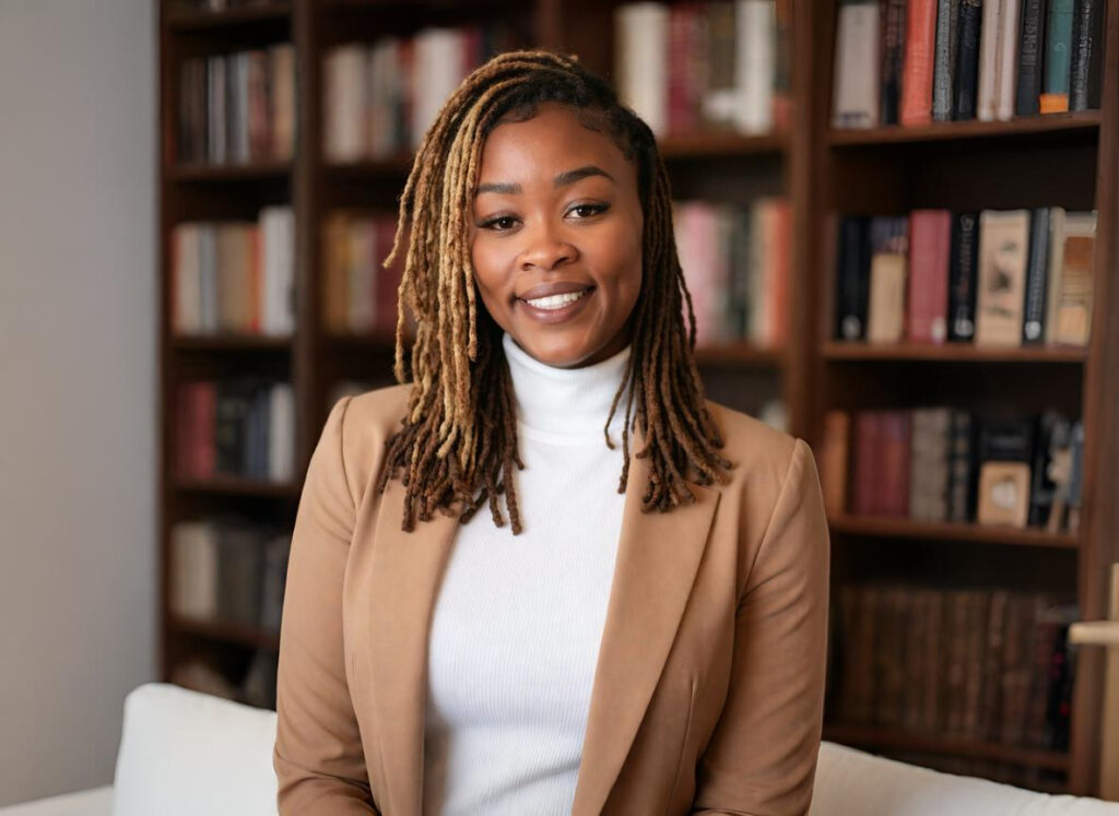 Smiling woman with braided hair in a white turtleneck and brown blazer.