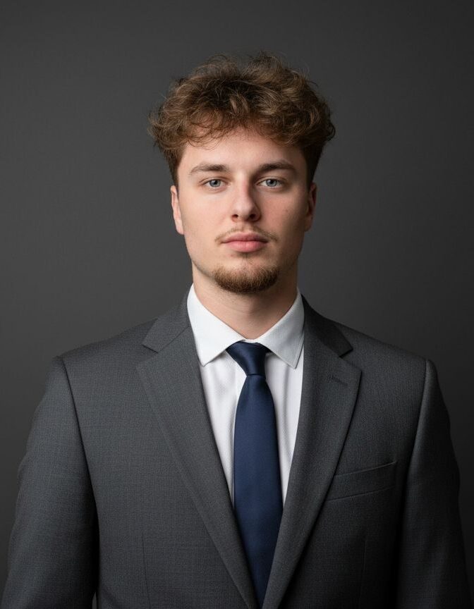 Young man in a gray suit and navy tie against a dark background.